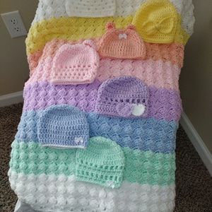 Handmade Crochet Baby Blanket with matching Beanies